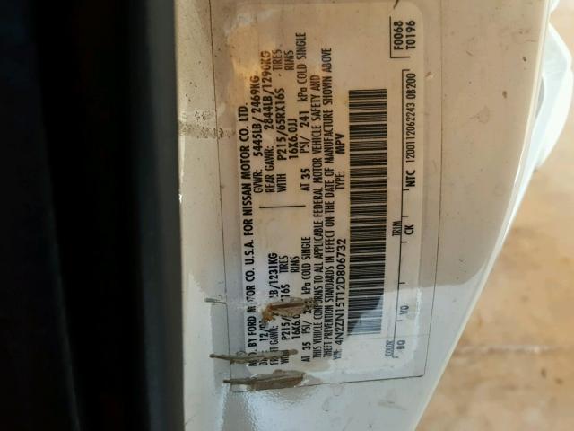 4N2ZN15T12D806732 - 2002 NISSAN QUEST GXE WHITE photo 10