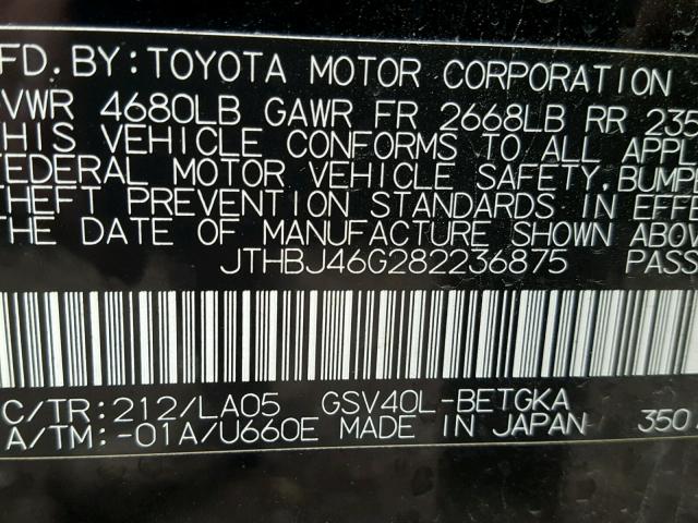 JTHBJ46G282236875 - 2008 LEXUS ES 350 BLACK photo 10