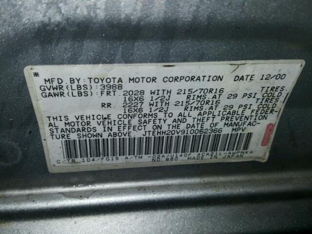 JTEHH20V910062366 - 2001 TOYOTA RAV4 SILVER photo 10