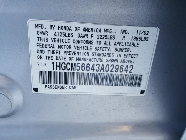 1HGCM56643A029642 - 2003 HONDA ACCORD EX SILVER photo 10