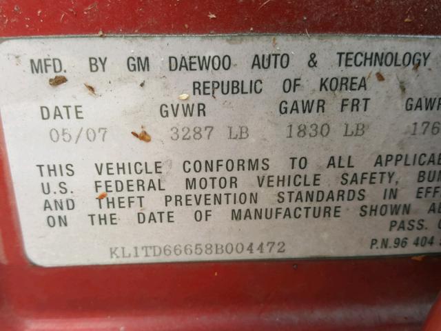 KL1TD66658B004472 - 2008 CHEVROLET AVEO BASE Қызыл фото 10