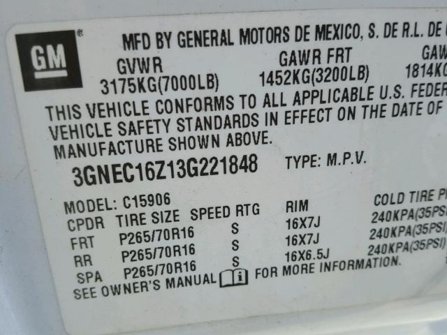 3GNEC16Z13G221848 - 2003 CHEVROLET SUBURBAN C WHITE photo 10