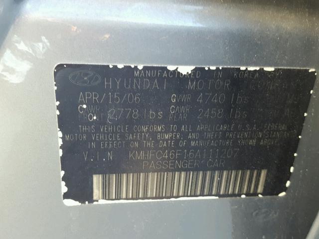 KMHFC46F16A111207 - 2006 HYUNDAI AZERA SE GRAY photo 10