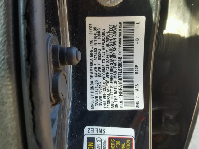 1HGFA16877L059048 - 2007 HONDA CIVIC EX BLACK photo 10