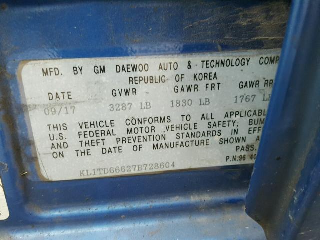 KL1TD66627B728604 - 2007 CHEVROLET AVEO BASE BLUE photo 10