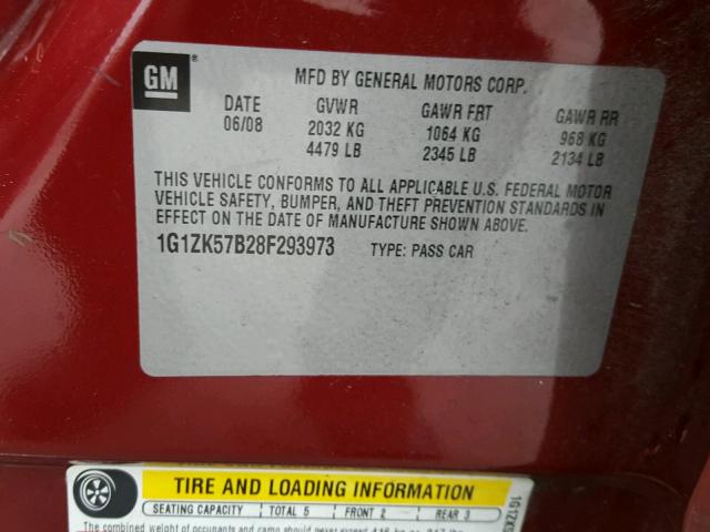 1G1ZK57B28F293973 - 2008 CHEVROLET MALIBU LTZ 红色 照片 10