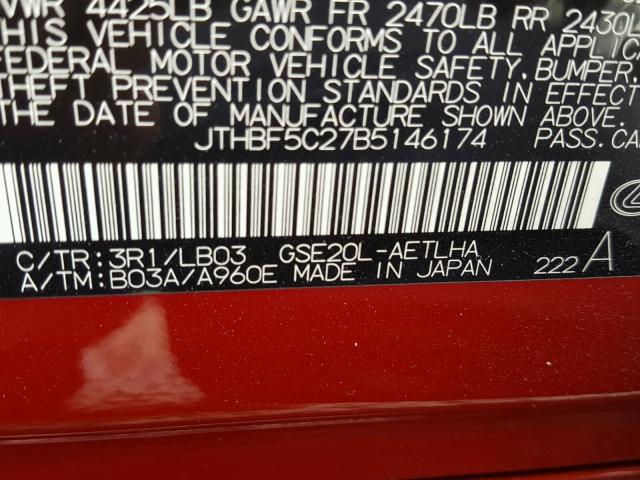 JTHBF5C27B5146174 - 2011 LEXUS IS 250 RED photo 10