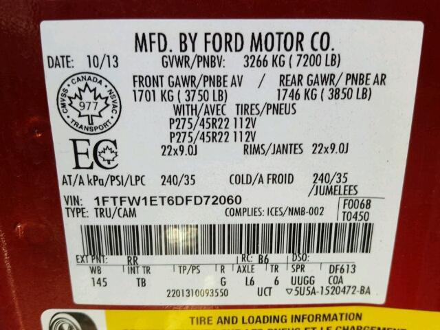 1FTFW1ET6DFD72060 - 2013 FORD F150 SUPER RED photo 10