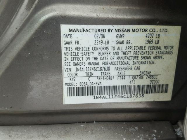 1N4AL11E46C187638 - 2006 NISSAN ALTIMA S GRAY photo 10