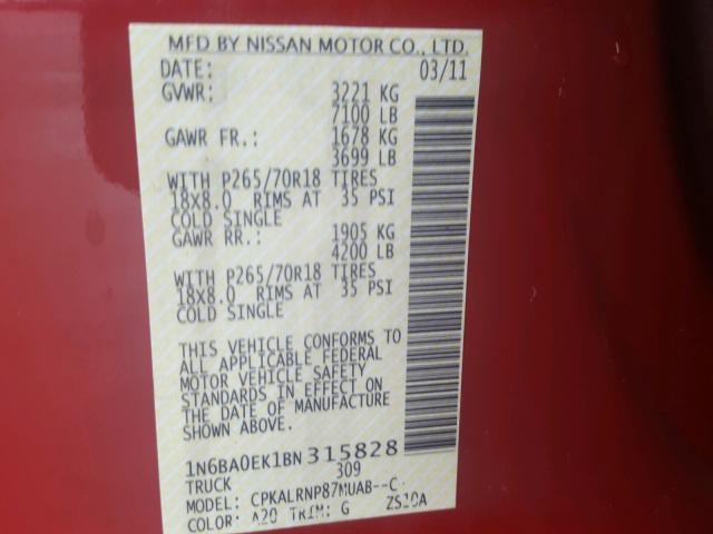 1N6BA0EK1BN315828 - 2011 NISSAN TITAN S RED photo 10