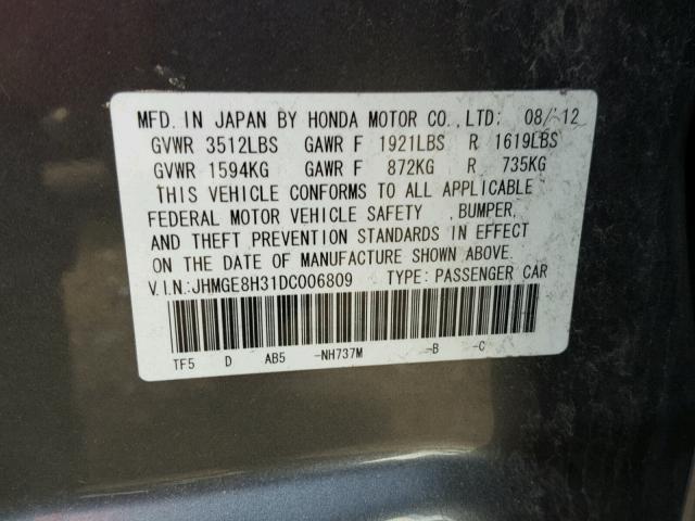 JHMGE8H31DC006809 - 2013 HONDA FIT GRAY photo 10