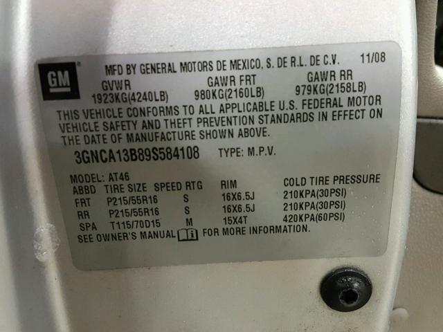 3GNCA13B89S584108 - 2009 CHEVROLET HHR LS SILVER photo 10