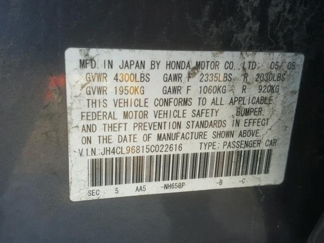 JH4CL96815C022616 - 2005 ACURA TSX GRAY photo 10