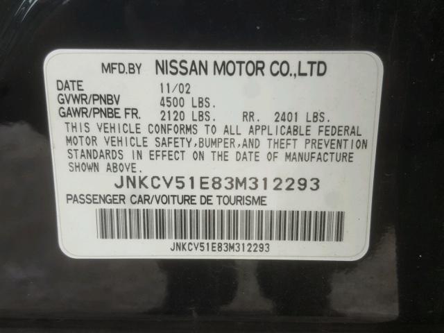 JNKCV51E83M312293 - 2003 INFINITI G35 BLACK photo 10