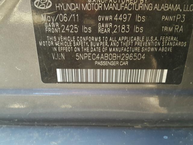 5NPEC4AB0BH296504 - 2011 HYUNDAI SONATA SE GRAY photo 10