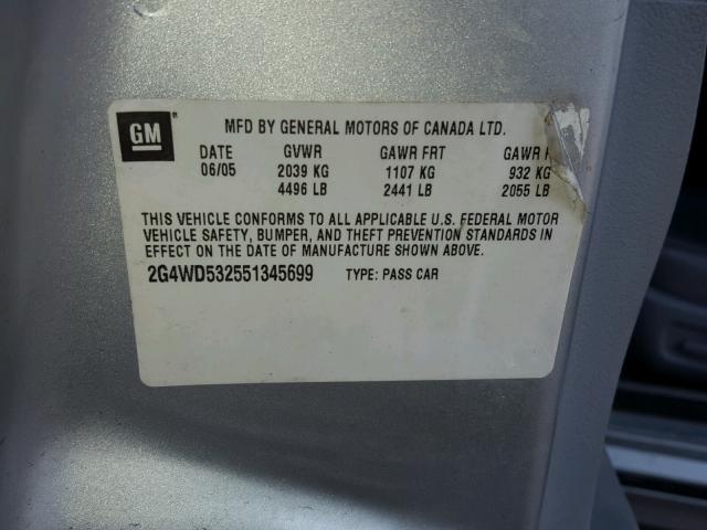 2G4WD532551345699 - 2005 BUICK LACROSSE C SILVER photo 10