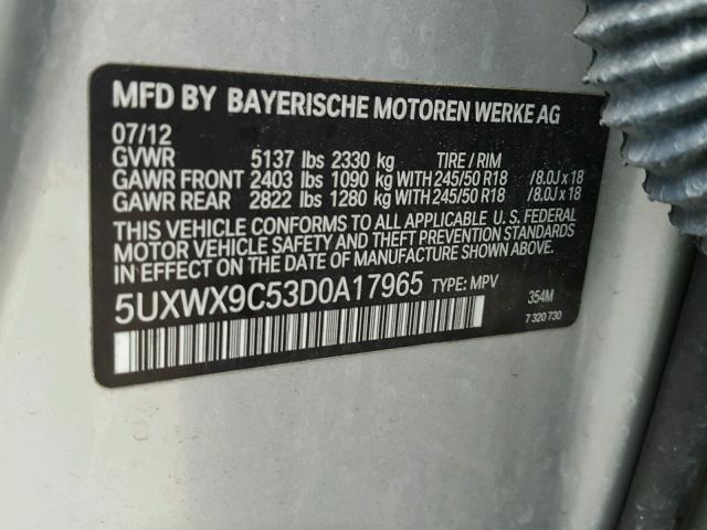 5UXWX9C53D0A17965 - 2013 BMW X3 XDRIVE2 SILVER photo 10