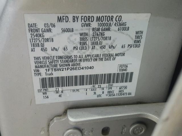 1FTSW21P26ED41040 - 2006 FORD F250 SUPER SILVER photo 10