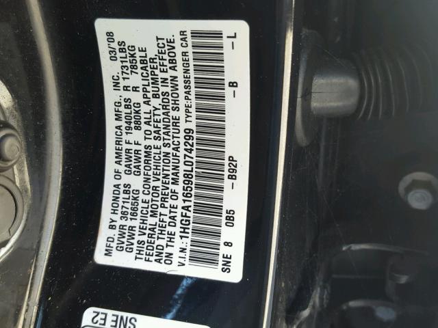 1HGFA16598L074299 - 2008 HONDA CIVIC LX BLACK photo 10