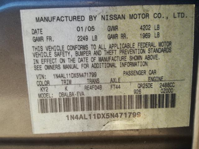 1N4AL11DX5N471799 - 2005 NISSAN ALTIMA S GRAY photo 10