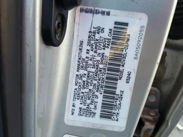 4T1BE32K72U612262 - 2002 TOYOTA CAMRY LE SILVER photo 10