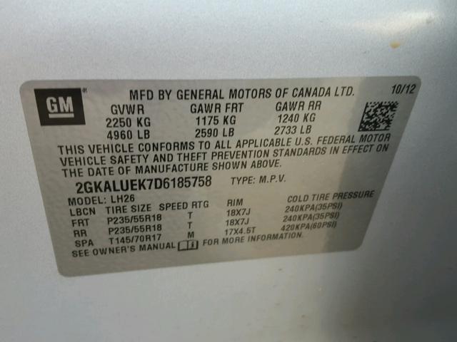 2GKALUEK7D6185758 - 2013 GMC TERRAIN SL SILVER photo 10