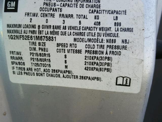 1G2NF52E61M675831 - 2001 PONTIAC GRAND AM S SILVER photo 10