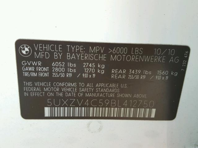 5UXZV4C59BL412750 - 2011 BMW X5 XDRIVE3 თეთრი ფოტო 10