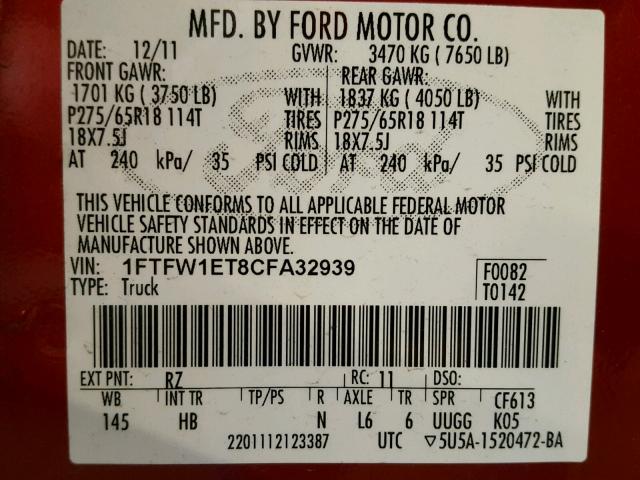 1FTFW1ET8CFA32939 - 2012 FORD F150 SUPER RED photo 10