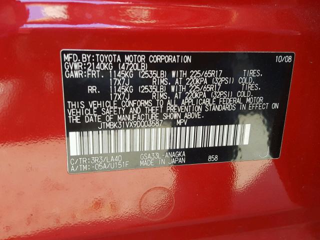 JTMBK31VX9D003587 - 2009 TOYOTA RAV4 LIMIT RED photo 10