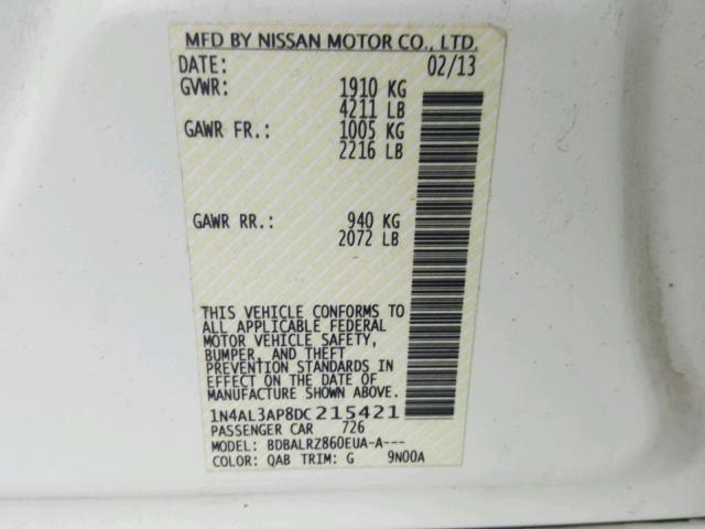 1N4AL3AP8DC215421 - 2013 NISSAN ALTIMA 2.5 WHITE photo 10