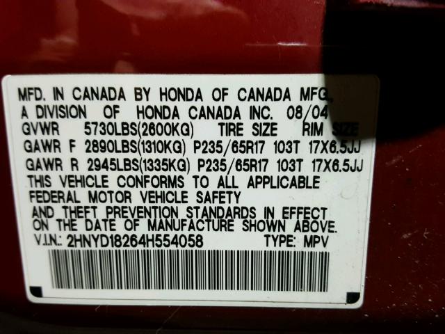 2HNYD18264H554058 - 2004 ACURA MDX RED photo 10