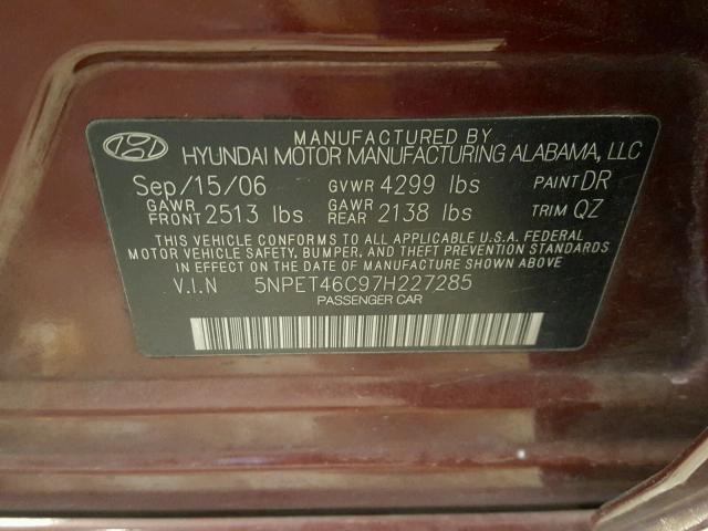 5NPET46C97H227285 - 2007 HYUNDAI SONATA GLS BURGUNDY photo 10