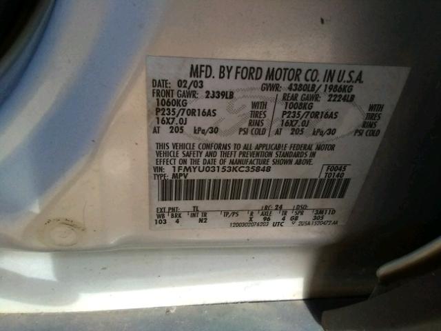 1FMYU03153KC35848 - 2003 FORD ESCAPE XLT SILVER photo 10