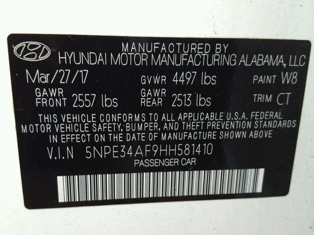 5NPE34AF9HH581410 - 2017 HYUNDAI SONATA SPO WHITE photo 10