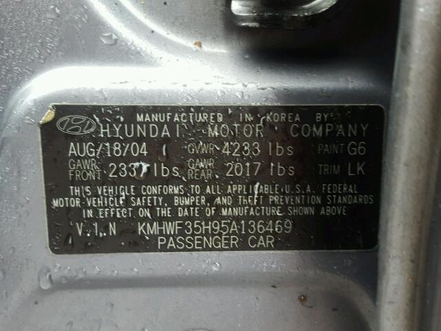 KMHWF35H95A136469 - 2005 HYUNDAI SONATA GLS GRAY photo 10