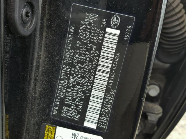 4T1BE46K27U108919 - 2007 TOYOTA CAMRY BLACK photo 10