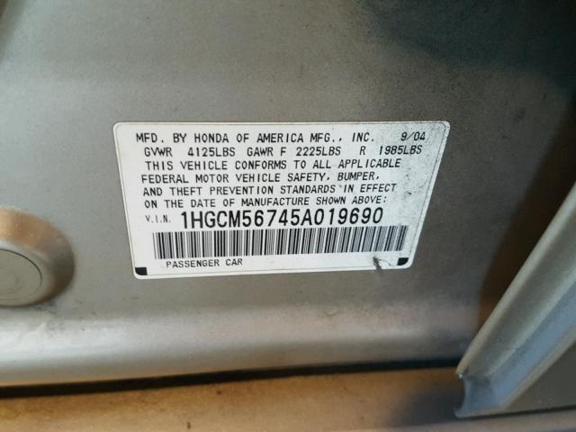 1HGCM56745A019690 - 2005 HONDA ACCORD EX BEIGE photo 10