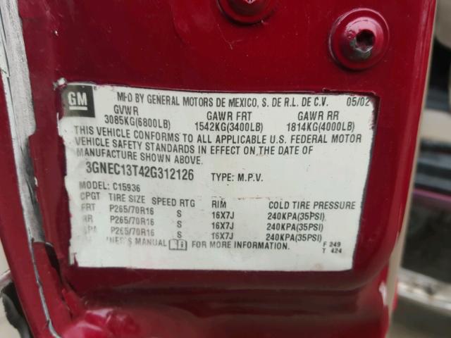 3GNEC13T42G312126 - 2002 CHEVROLET AVALANCHE RED photo 10