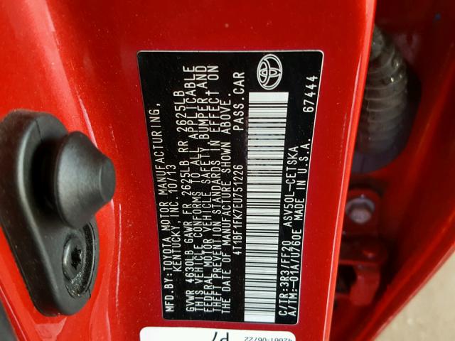 4T1BF1FK7EU751226 - 2014 TOYOTA CAMRY L RED photo 10