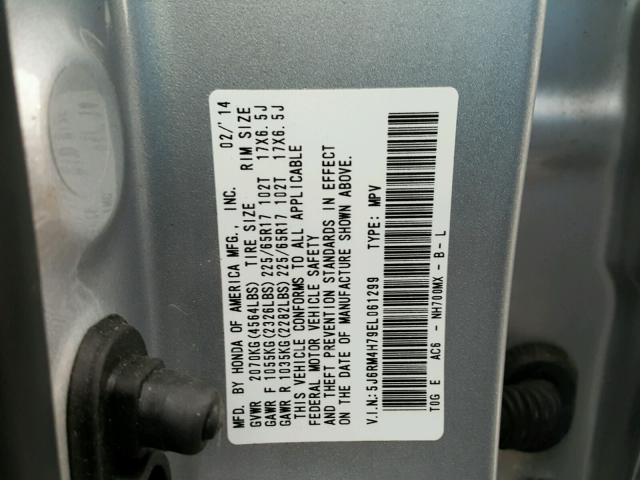 5J6RM4H79EL061299 - 2014 HONDA CR-V EXL SILVER photo 10