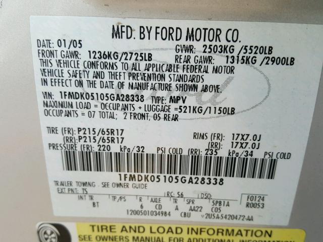 1FMDK05105GA28338 - 2005 FORD FREESTYLE SILVER photo 10