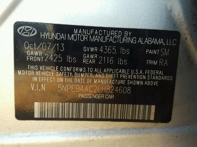 5NPEB4AC2EH824608 - 2014 HYUNDAI SONATA GLS SILVER photo 10