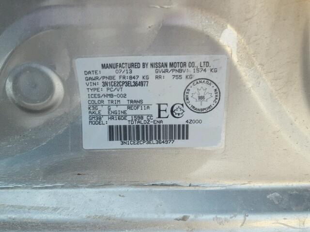 3N1CE2CP3EL364977 - 2014 NISSAN VERSA NOTE SILVER photo 10