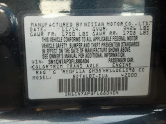 3N1CN7AP3FL880404 - 2015 NISSAN VERSA S BLUE photo 10