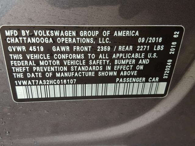 1VWAT7A32HC016107 - 2017 VOLKSWAGEN PASSAT S GRAY photo 10