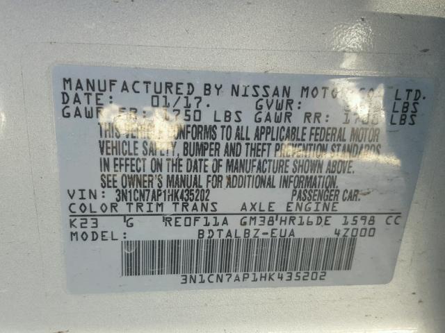 3N1CN7AP1HK435202 - 2017 NISSAN VERSA S SILVER photo 10