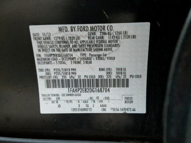 1FAHP2E82DG168704 - 2013 FORD TAURUS SEL CHARCOAL photo 10