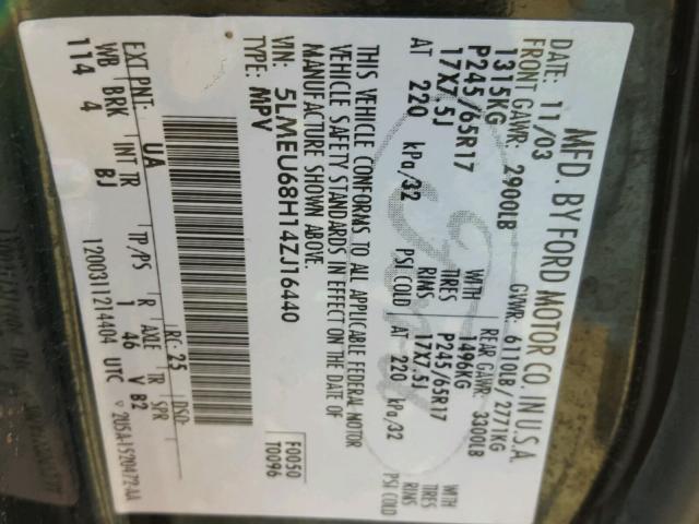 5LMEU68H14ZJ16440 - 2004 LINCOLN AVIATOR 黑色 照片 10