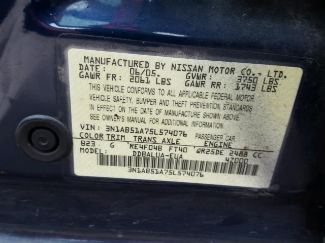 3N1AB51A75L574076 - 2005 NISSAN SENTRA SE- BLUE photo 10